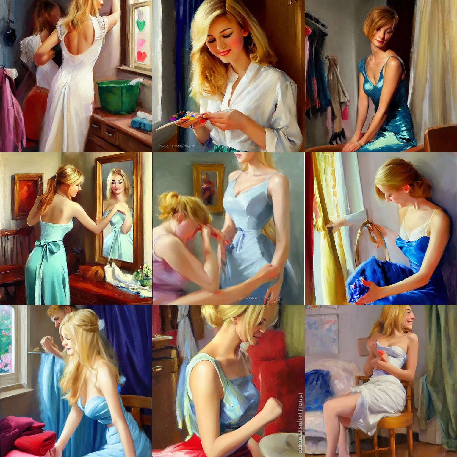 Prompt: blonde girlfriend getting dressed, painting by Vladimir Volegov,