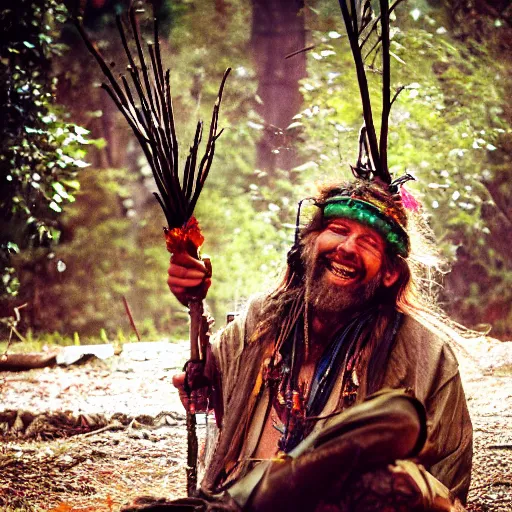 Image similar to hippie tribal hobo witch doctor wearing twigs and leaves smiling sheepishly, campfire, bong, water pipe, highly detailed, dramatic lighting, night time, cinematic, hyperrealistic, detailed, movie still from game of thrones