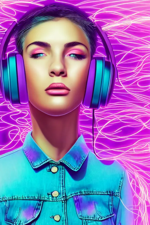 Image similar to a award winning half body portrait of a beautiful woman with stunning eyes in a croptop denim jacket and cargo pants with ombre purple pink teal hairstyle dancing with headphones on her ears by thomas danthony, surrounded by whirling illuminated lines, outrun, vaporware, shaded flat illustration, digital art, trending on artstation, highly detailed, fine detail, intricate