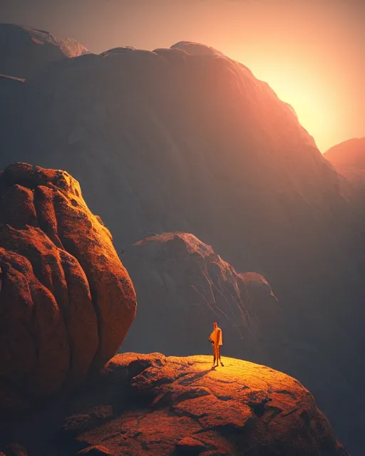 Image similar to a man standing in the middle of a mountain looking at a glowy shape, a render by filip hodas, behance contest winner, environmental art, rendered in cinema 4 d, volumetric lighting