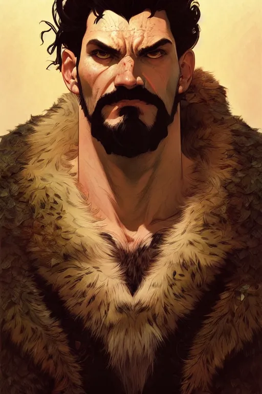 Prompt: a portrait of kraven the hunter, fantasy, sharp focus, intricate, elegant, digital painting, artstation, matte, highly detailed, concept art, illustration, ambient lighting, art by ilya kuvshinov, artgerm, alphonse mucha, and greg rutkowski