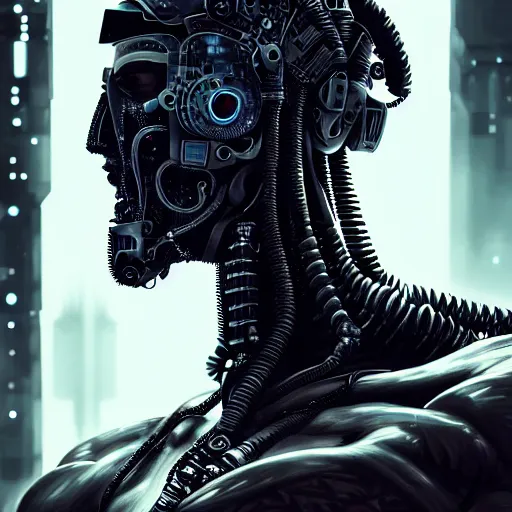 Image similar to ultra realist intricate detailed painting of a single rugged cyborg male, black scales on bearded face and cyborg tech on body, symmetry accurate features, cyberpunk, apocalyptic, very intricate details, focus, high resolution, 4 k, artstyle alex ries and hiraku tanaka, award winning