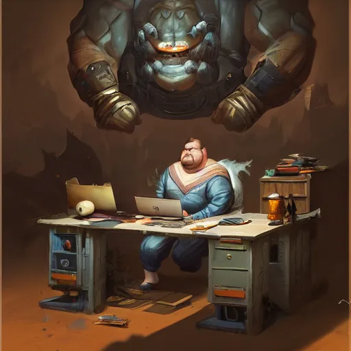 Image similar to a insanely detailed painting of a slightly overweight man wearing a homemade superhero costumed, sitting at a computer desk, nervously and clicking on the mouse, in the style of peter mohrbacher, dramatic lighting and composition, trending on artstation, concept art, comic book, graphic novel