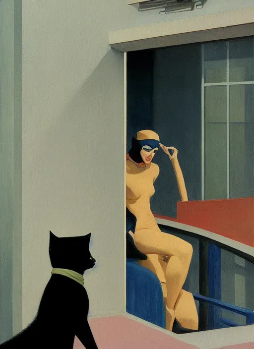 Image similar to catwoman in line at the art deco hospital painting by Edward Hopper and James Gilleard, Zdzislaw Beksinski highly detailed