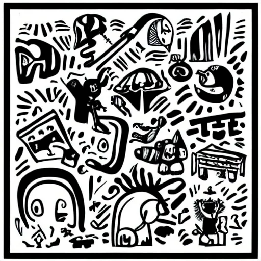 Prompt: black and white composition of a variety of doodles, drawings, faces, symbols, cartoons, lineart, cave drawing, silhouette, tattoo, chinese ink brush