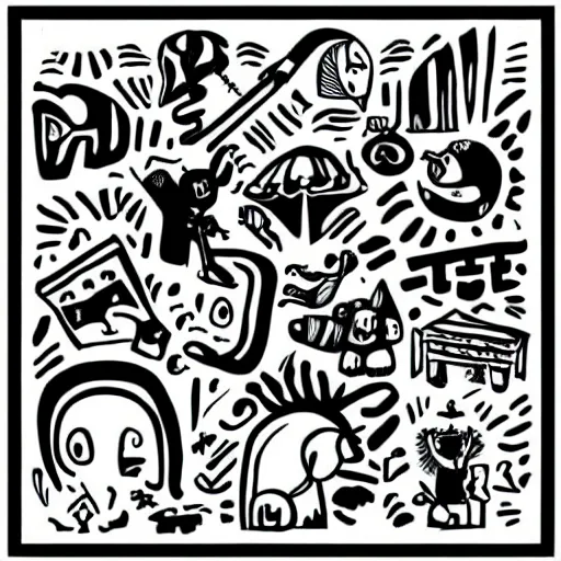 black and white composition of a variety of doodles, | Stable Diffusion