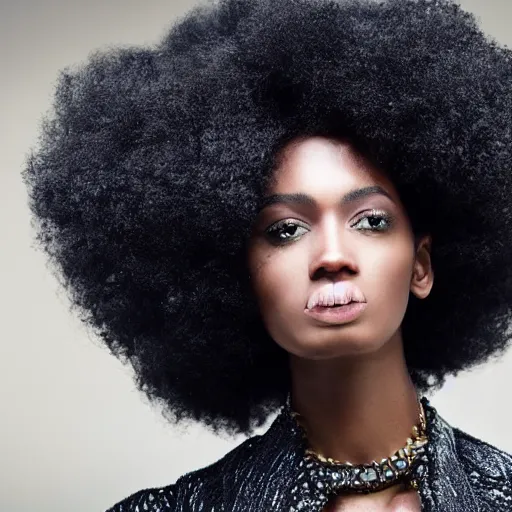 Prompt: close up of head of a black fashion model with large afro, gta style, editorial of vogue magazine, highly detailed