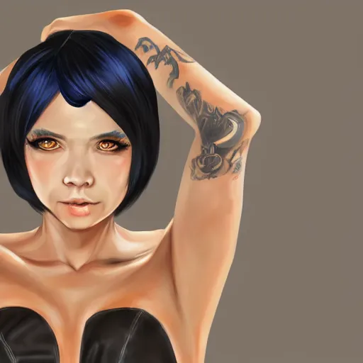 Image similar to illustrated realistic portrait of swept-back prong-horned devil woman with blue bob hairstyle and her tan colored skin and with solid black eyes wearing leather by rossdraws