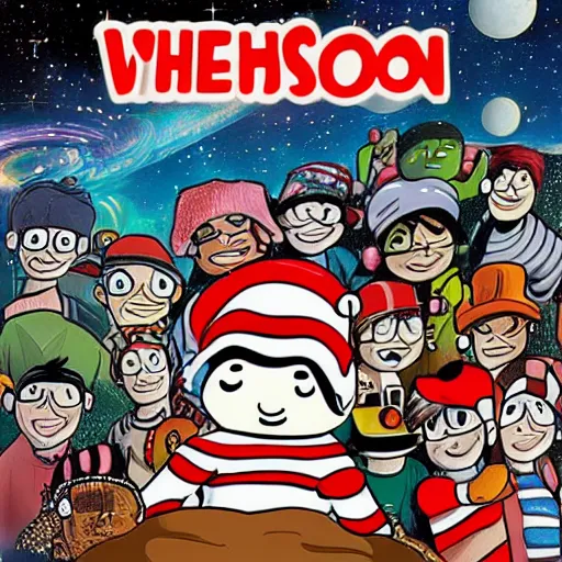 Prompt: wheres waldo in the galaxy, cover art