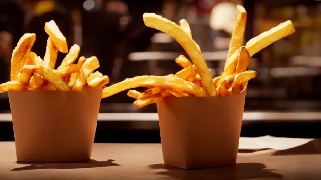 Image similar to the strange french fry creature at the fast food place, film still from the movie directed by denis villeneuve and david cronenberg with art direction by salvador dali, wide lens