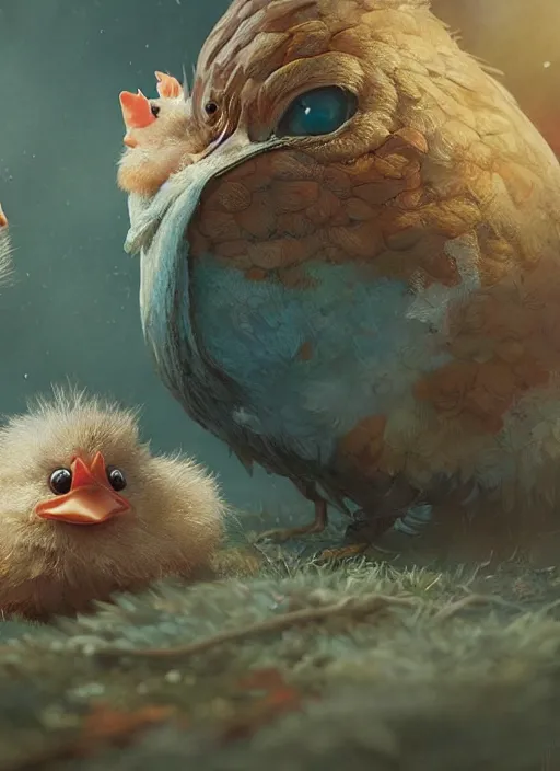 Image similar to a cute hen fostering two chicks in an adventure movie by nuri iyem, james gurney, james jean, greg rutkowski, anato finnstark. pixar. hyper detailed, 5 0 mm, award winning photography