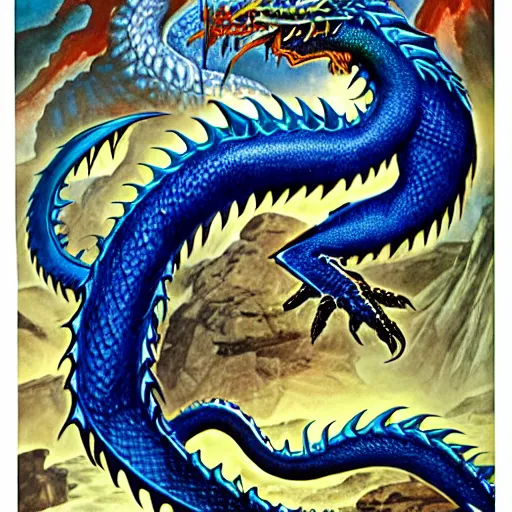 Image similar to half length portrait of a medieval d & d fantasy anthropomorphic blue dragon, d & d rulebook cover art by jeff easley