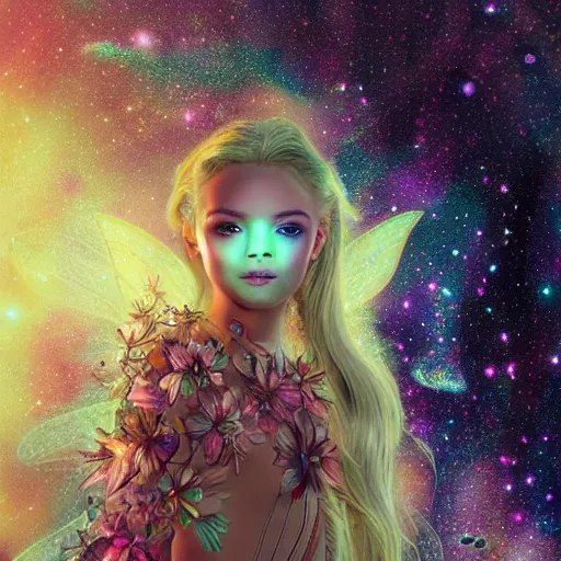 Image similar to portrait of a magical fairy made of galaxies, highly detailed, realistic, octane render, comic book art, space travel