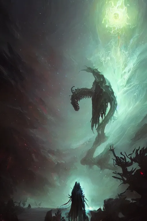 Image similar to eldritch god, cosmic, nightmare, outer space, aliens, digital art, magic the gathering, mtg, by greg rutkowski, trending on artstation