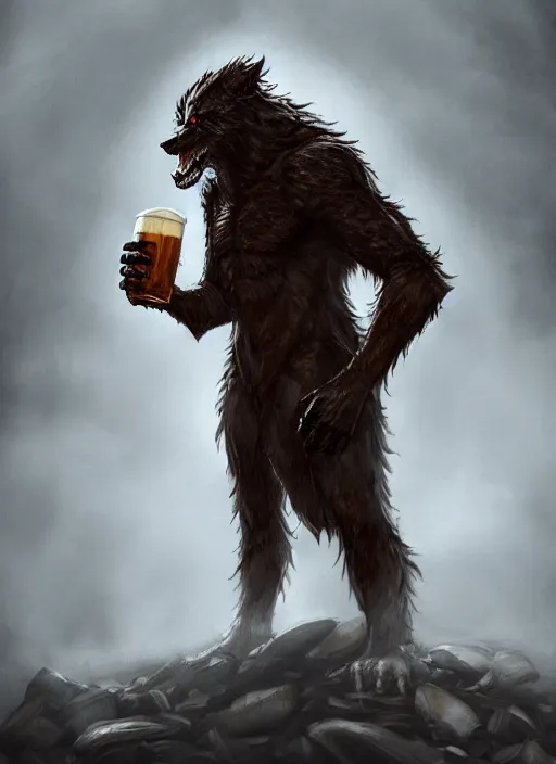 Prompt: big scary werewolf drinks beer, beer, glass, beer mug in hand, intricate, triumphantly, foggy background, full body art, dark souls, drawing, concept art, artstation, digital painting