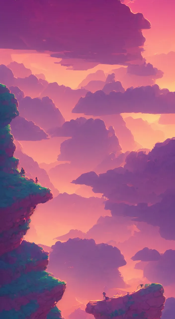 Image similar to Aesthetic Lonely cliff , pink clouds in the sky, brightly illuminated by rays of sun, artstation, colorful sylvain sarrailh illustration, by peter chan, day of the tentacle style, twisted shapes