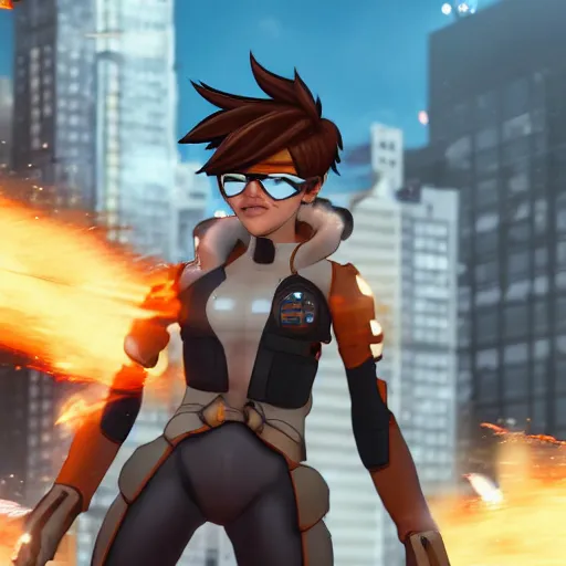 Image similar to tracer, standing on rooftop, 4 k, detailed, smiling at camera, detailed eyes, confident stance, detailed face, feminine face, burning exploding city in background