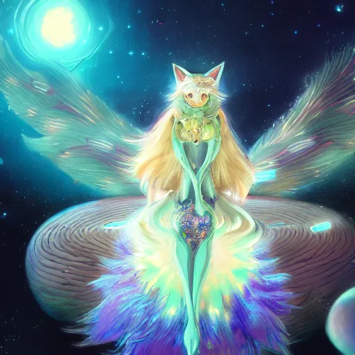 Prompt: realistically rendered portrait from an anime of an ethereal colorful blue starry fox peacock character with giant golden demonic fangs, wearing star filled mage robes, sitting in an illuminated observatory at night, art by yuji ikehata, background art by miyazaki, realism, detailed, proper human proportions, fully clothed