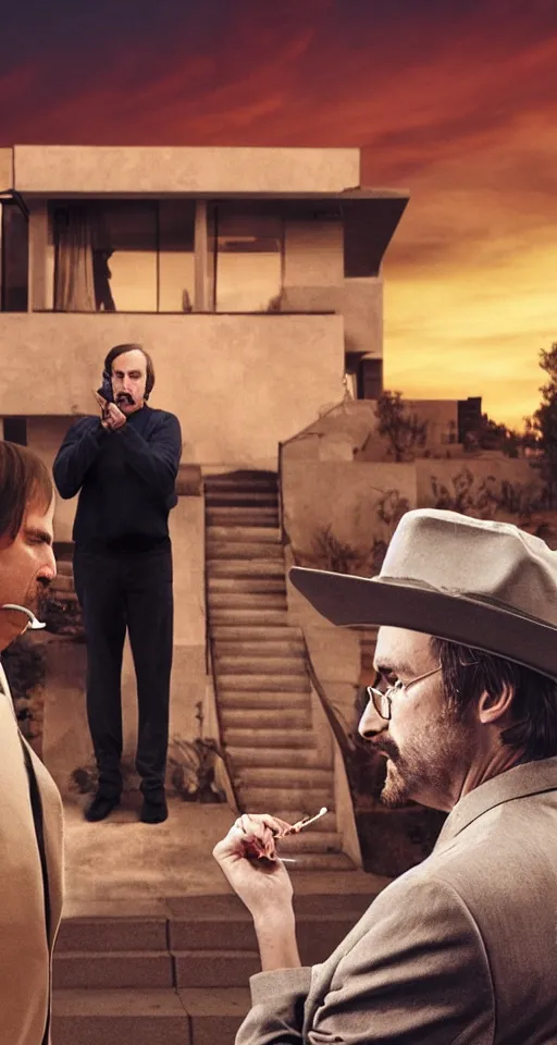 Image similar to saul goodman smoking cigarettes with steve jobs, sepia, in mexico, emmy award winning, with jessie pinkman in the background yelling and angry, sunset, granite sidewalk, movie screenshot, suburban houses in background, gritty, mustache