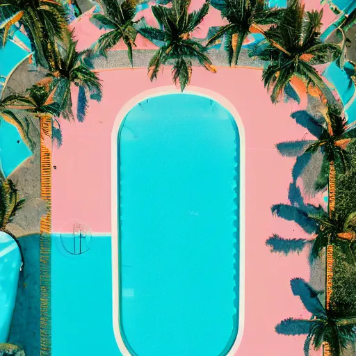 Image similar to aerial view of an elegant swimming pool, palm trees, kodak portra 4 0 0, vaporwave colors, faded effect, 9 0 s vibe, tropical vibe,