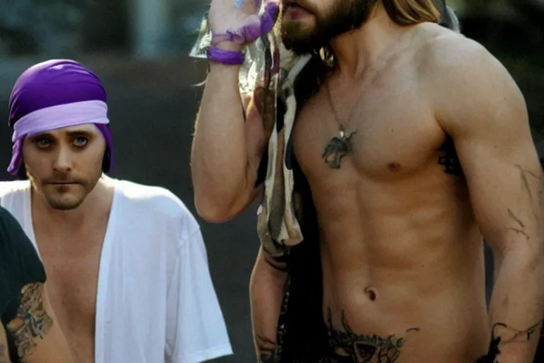 Prompt: medium full shot of jared leto as a white gang member wearing a purple head covering made from a polyester or nylon material and a white tank top sliding on a opp in the new movie directed by ice cube, movie still frame, arms covered in gang tattoo, promotional image, critically condemned, top 1 5 worst movie ever imdb list, public condemned, relentlessly detailed