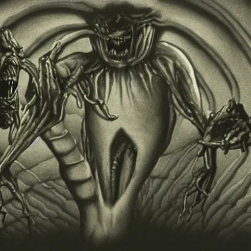 Prompt: photograph of a dangerous shape shifting alien creature, with multiple mutated snarling drooling human faces with a grotesque variety of gorey human and animal limbs protruding from its lower torso inside a lab in the style of an horror film, trending on art station, in the style of John Carpenter's The Thing 1982