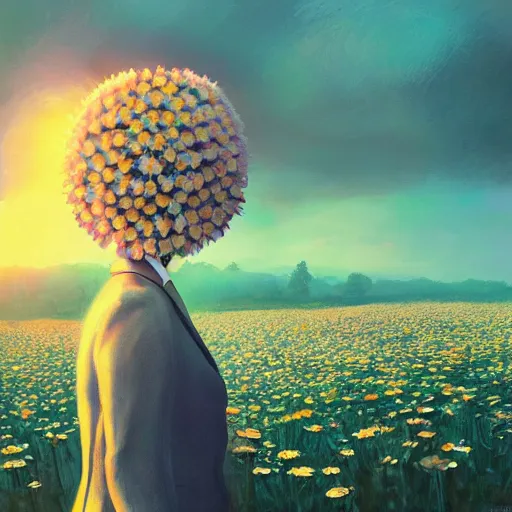 Image similar to large daisy flower head, frontal, girl in a suit, surreal photography, sunrise, dramatic light, impressionist painting, digital painting, artstation, simon stalenhag