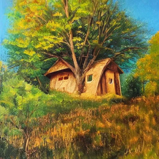 Image similar to treehouse in the countryside on a sunny day, peaceful, dreamy, brush strokes, oil painting