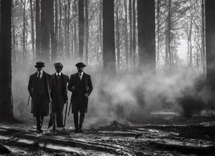 Image similar to an action scene from peaky blinders, medium long shot, filmed in the dark woods, a cabin in the background, faces covered in shadows, detailed and symmetric faces, black and white, cinematic, epic,