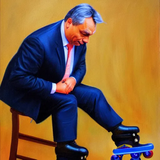 Image similar to viktor orban putting on rollerskates, oil painting