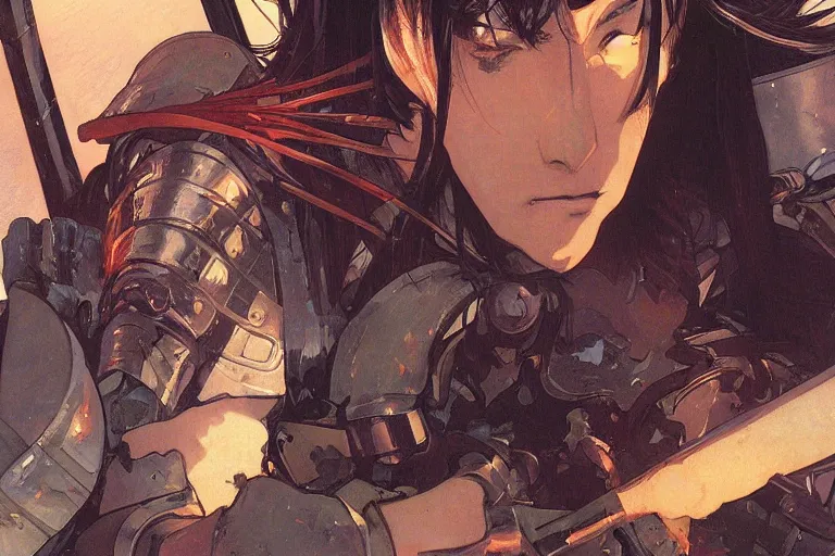 Image similar to close up of a wounded samurai in full armor on a battlefield, dusk, by fiona staples, range murata, alphonse mucha