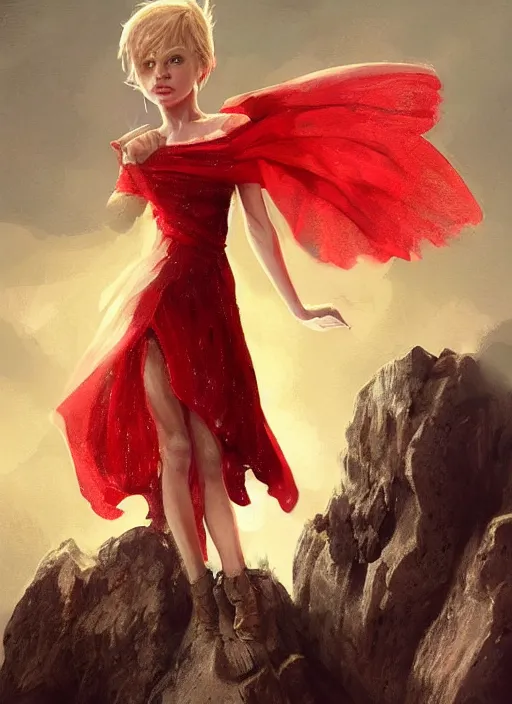 Image similar to Image of tiny pixie sitting on top of a human hand, D&D fantasy, wearing a red dress, intricate, highly detailed, digital painting, artstation, concept art, sharp focus, illustration, art by greg rutkowski and Ross Tran