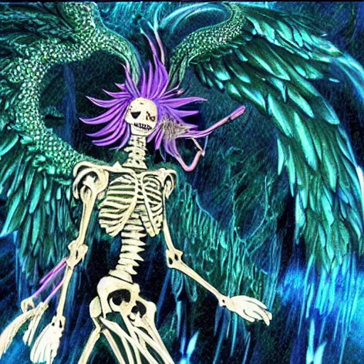 Prompt: old vhs recording of an anime about an intricately carved undead skeleton kitsune, mage clothes inspired by a dark fairy peacock, 9 brilliant peacock tails that shimmer magic itself, by hayou miyazaki, sparkles, pink cloud background, rainbows, waterfall, anime, fae, vhs effect, screenshot