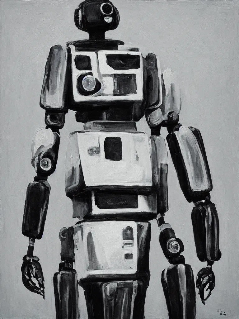 Image similar to “A perfectly centered beautiful black and white portrait oil painting of a retro-futuristic robot in Los Angeles”