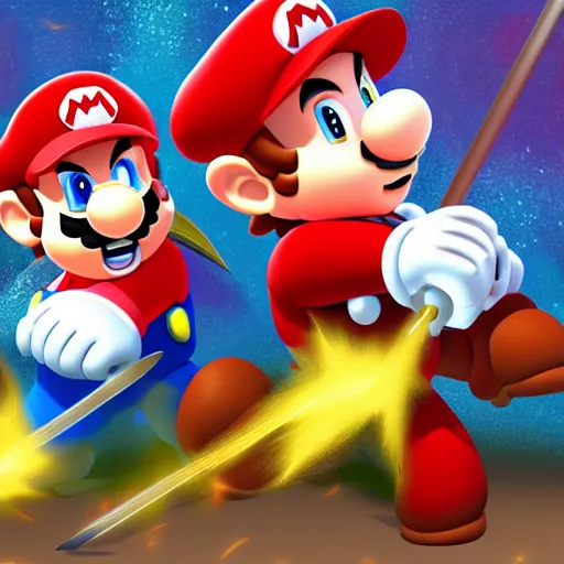 Prompt: Mario fighting Bowser with a lightning sword, digital art, trending on artstation