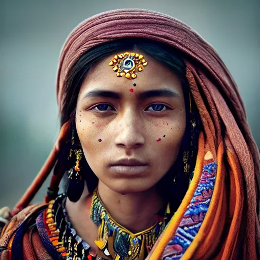 Image similar to portrait of a stunningly beautiful himalayan tribal female, depth of field, zeiss lens, detailed, symmetrical, centered, fashion photoshoot, by Annie Leibovitz and Steve McCurry, David Lazar, Jimmy Nelsson, Breathtaking, 8k resolution, extremely detailed, beautiful, establishing shot, artistic, hyperrealistic, beautiful face, octane render