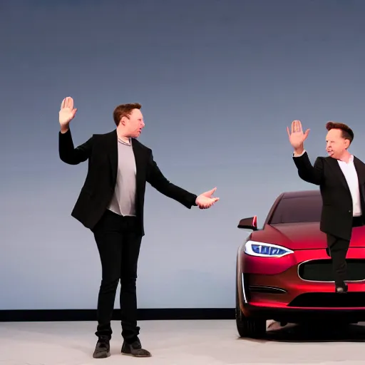 Prompt: Elon Musk high-fiving an Elon Musk clone, highly detailed, high quality, HD, 4k, 8k, Canon 300mm, professional photographer, 40mp, lifelike, top-rated, award winning, realistic, sharp, no blur, edited, corrected, trending