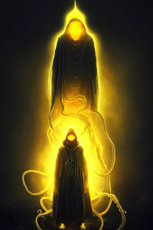 Prompt: A full body portrait of a mysterious character with no face with a very long hooded yellow cloak with a golden crown floating above his head tentacles coming out the ground art by Maciej Kuciara and Jason Chan, ominous, cosmic horror, trending on artstation, Ultra detailed, hyper realistic 4k