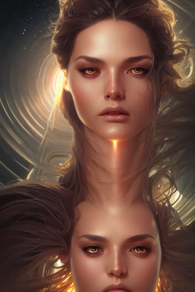 Image similar to futuristic close-up woman portrait, sci-fi, amber eyes, face, long hair, fantasy, intricate, elegant, highly detailed, digital painting, artstation, concept art, smooth, sharp focus, illustration, art by artgerm and greg rutkowski and alphonse mucha