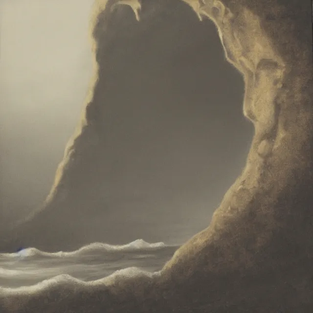 Prompt: photorealistic sepia painting of a jamaican sea cliff with the mouth of a sea cave, dark, brooding, atmospheric, lovecraft