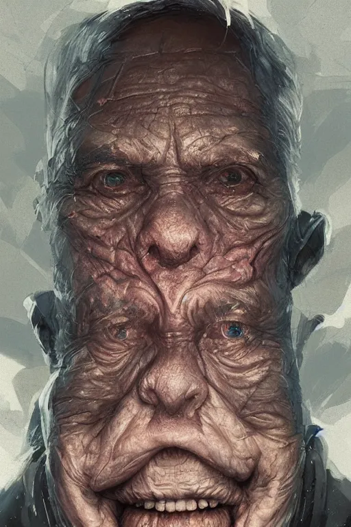 Image similar to the look of an elderly person full of wrinkles and imperfections by artgem and greg rutkowski, highly detailed, vivid colors, trippy, nebula, trending on artstation