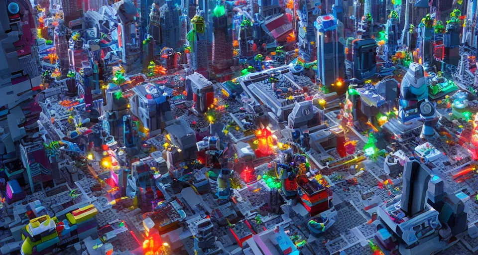 Image similar to sci - fi futuristic city made of lego bricks, photorealistic, 8 k, octane render, still from lego movie