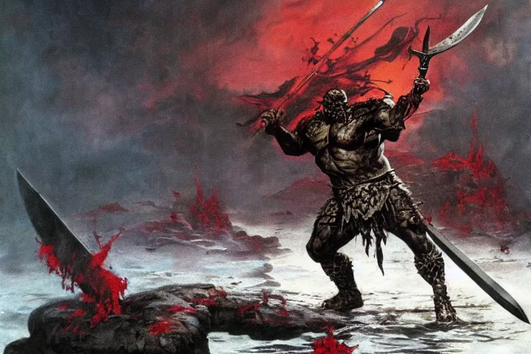 Image similar to Chaos warrior emerging from a lake of blood with the sword of destruction in his hands, dramatic lighting by Frank Frazetta