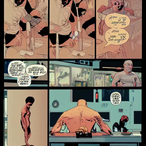 Prompt: a comic book page of The Adventures of Joe Rogan by Tomer Hanuka and Michael Whelan