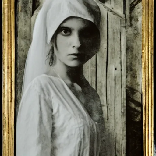 Image similar to picture of ghostly bride in front of an old wooden white church, 1 9 th century southern gothic scene, made by chausheva, katia