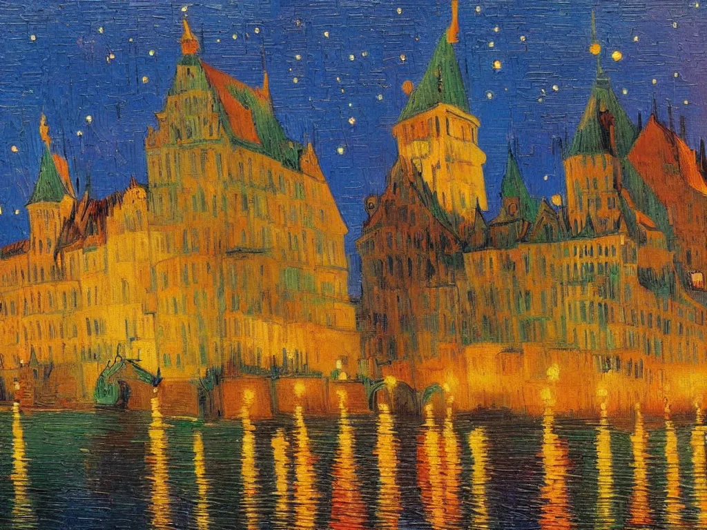 Image similar to trending on artstation, a beautiful German castle next to a river during sunset, oil on canvas, in the style of Vincent van Gogh