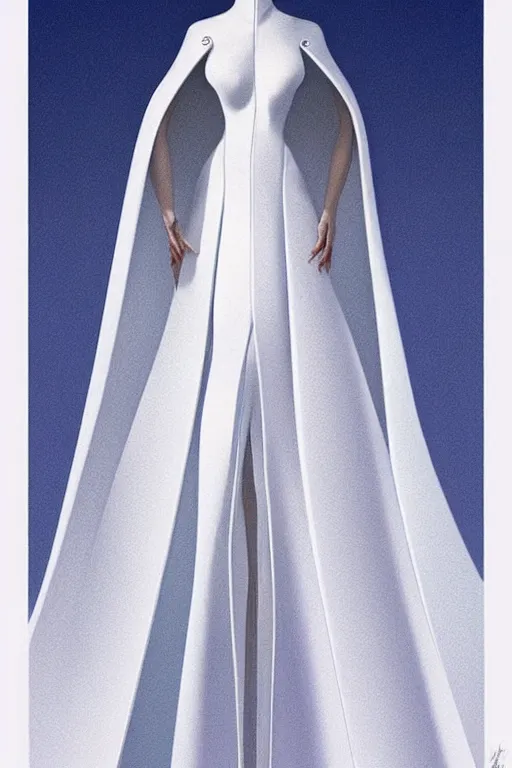 Image similar to detailed beautiful noun in opened white gold blue coat, seductive confident pose, attractive feminine curves, intricate details, futuristic, alien, elegant cape, elegant, photorealism, trending on artstation, sharp, holy halo, advanced technology, art by moebius and vitaly bulgarov and chanthara