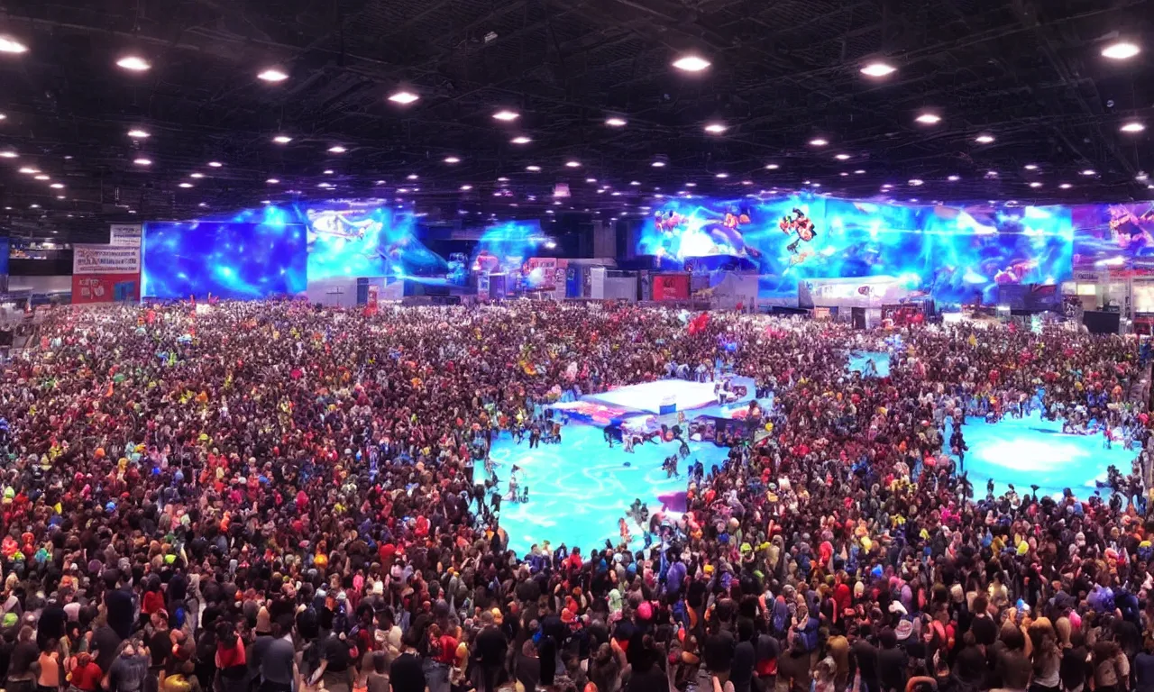 Prompt: huge expo center. arena style stage with massive projector screen displaying super smash bros with players underneath and a massive crowd. photorealistic.