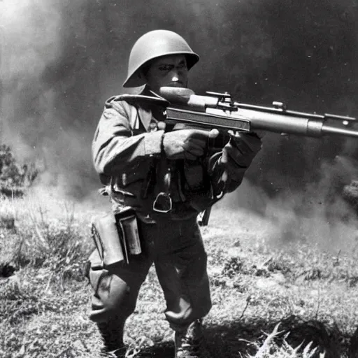 Prompt: Barney the dinosaur holding a rifle during world war 2, realistic, 35mm photograph