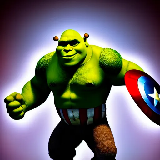 Image similar to digital painting of Shrek as Captain America, octane render, volumetric lightening, by marvel